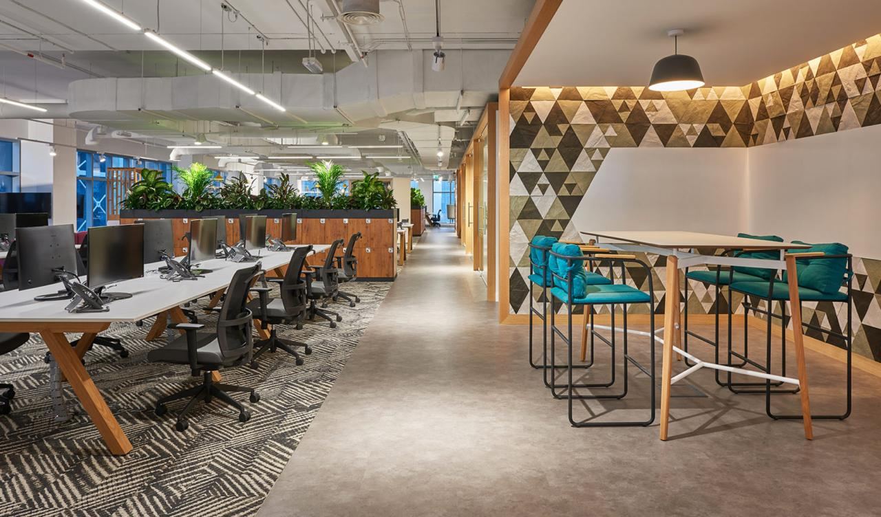 Open plan workstations beside a breakout bar with teal stools and a geometric tiled wall