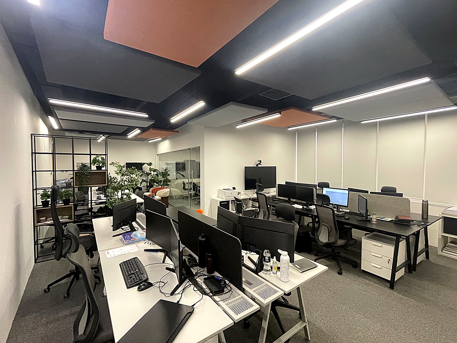 Bench workstations beneath sculptural acoustic ceiling baffles