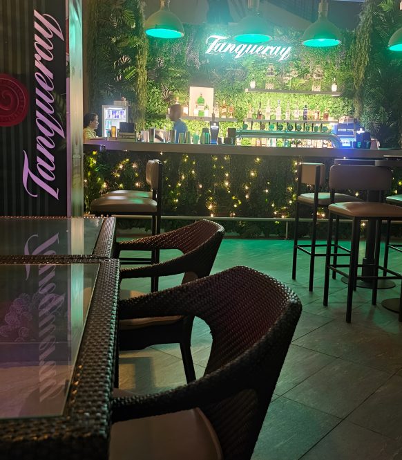 Outdoor garden bar with green wall, pendant lights and rattan chairs
