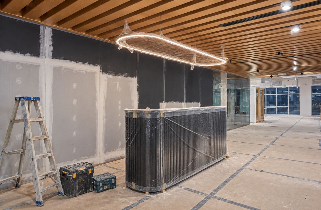 Reception with a fluted black desk under a slatted timber ceiling, during fit-out, joinery going in (AI illustration)